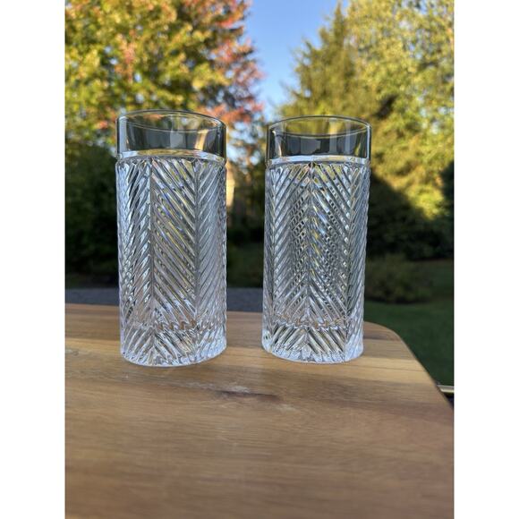 Ralph Lauren Crystal Herringbone 6.25” Highball Heavy Glasses~Not Signed ~2 Pc - Picture 1 of 9